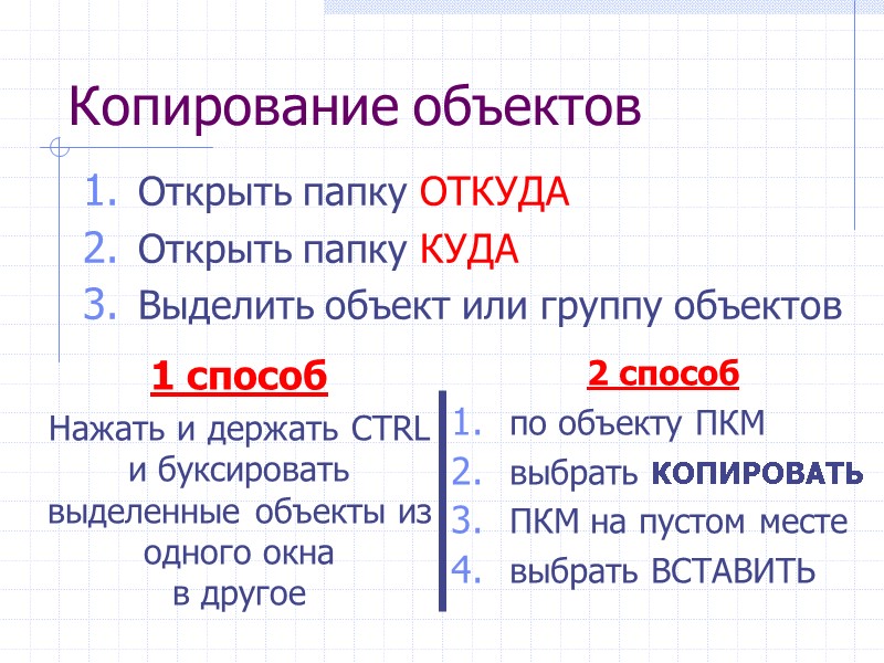Копирование объектов 1 способ Нажать и держать CTRL и буксировать выделенные объекты из одного Копирование объектов 1 способ Нажать и держать CTRL и буксировать выделенные объекты из одного